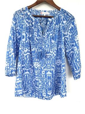 Jude Connally Blue & White Peasant Blouse, 3/4 Sleeves, Relaxed Fit, 💯 Cotton